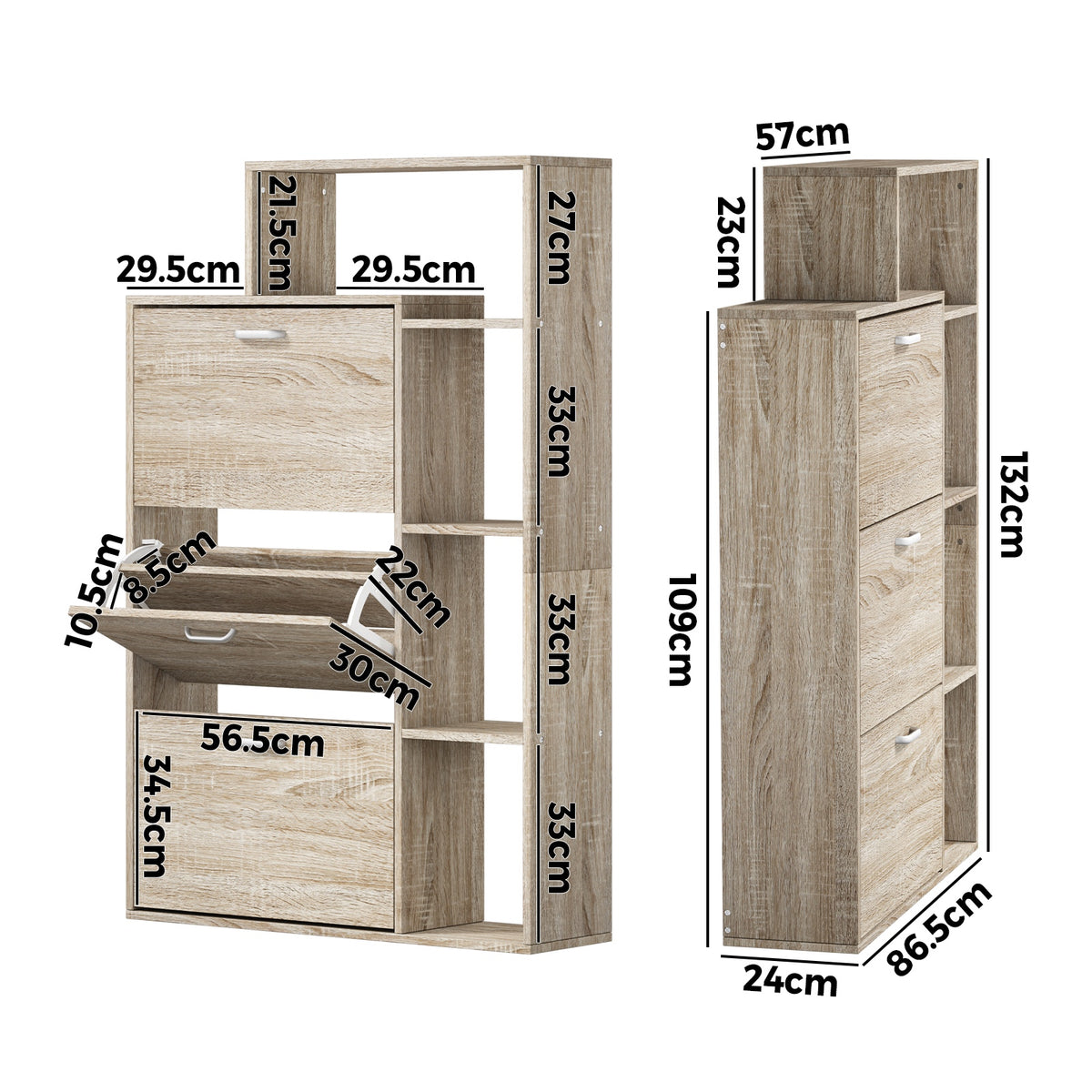 Oikiture Shoe Cabinet Storage 3 Doors Shoes Rack Display Wooden with Shelves - Sunyee