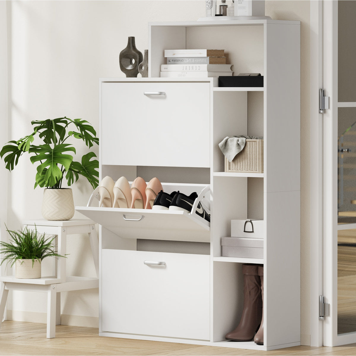 Oikiture Shoe Cabinet Storage 3 Doors Shoes Rack Display Wooden Shelves White - Sunyee