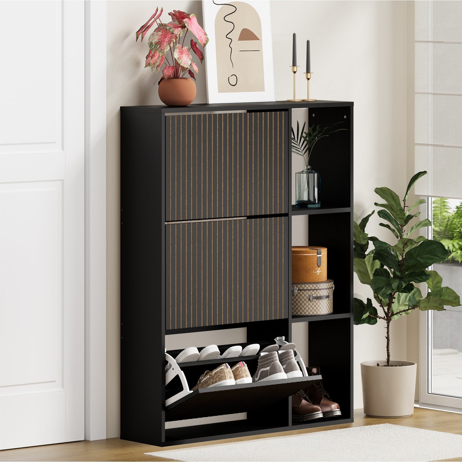 Oikiture Shoe Rack Storage Cabinet with Display Shelves Organiser Black - Sunyee