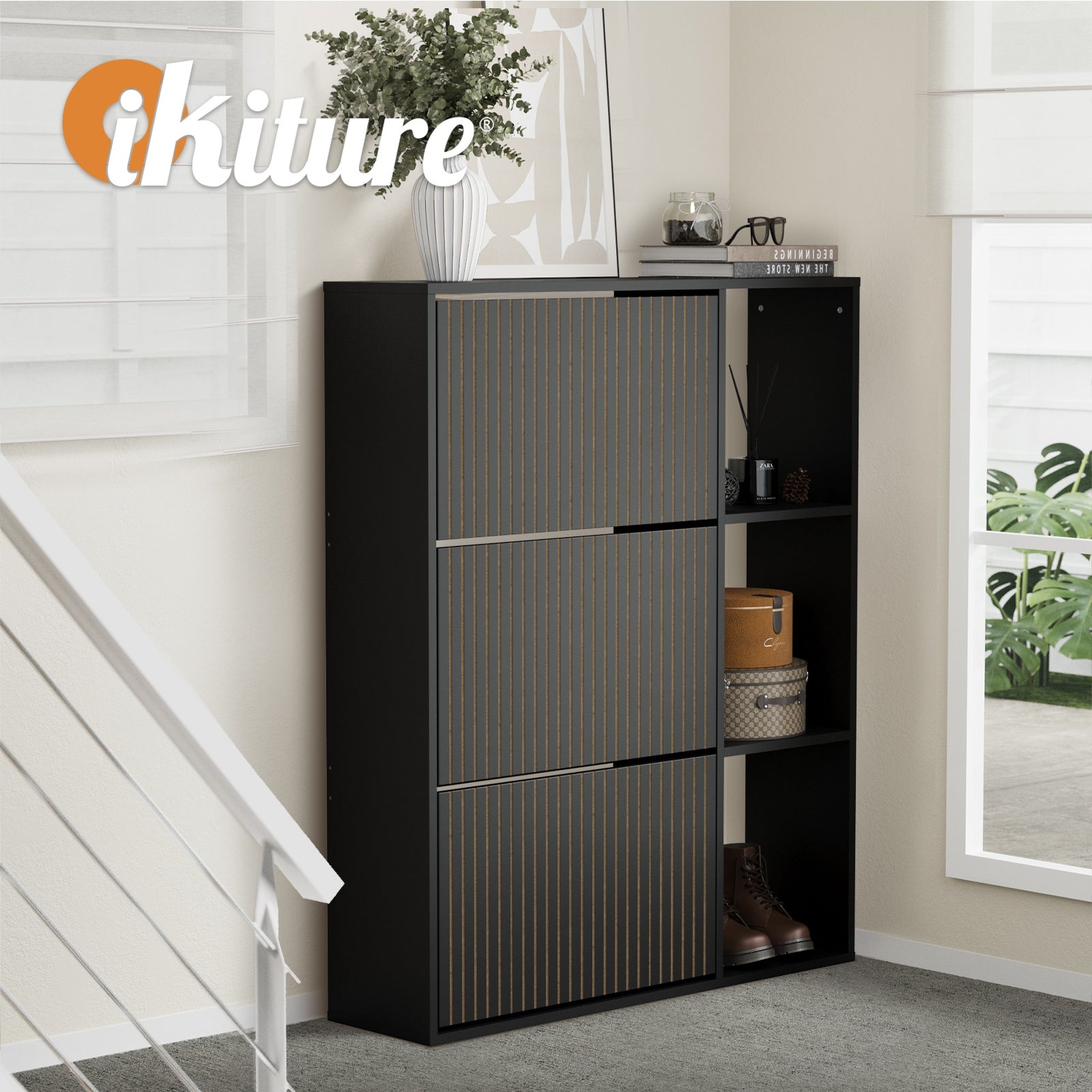 Oikiture Shoe Rack Storage Cabinet with Display Shelves Organiser Black - Sunyee