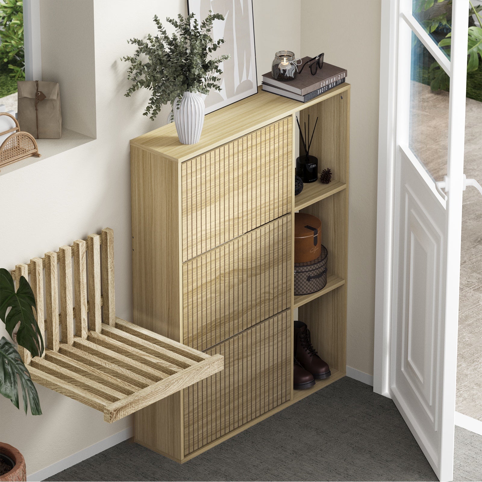 Oikiture Shoe Rack Storage Cabinet with Display Shelves Organiser Natural - Sunyee