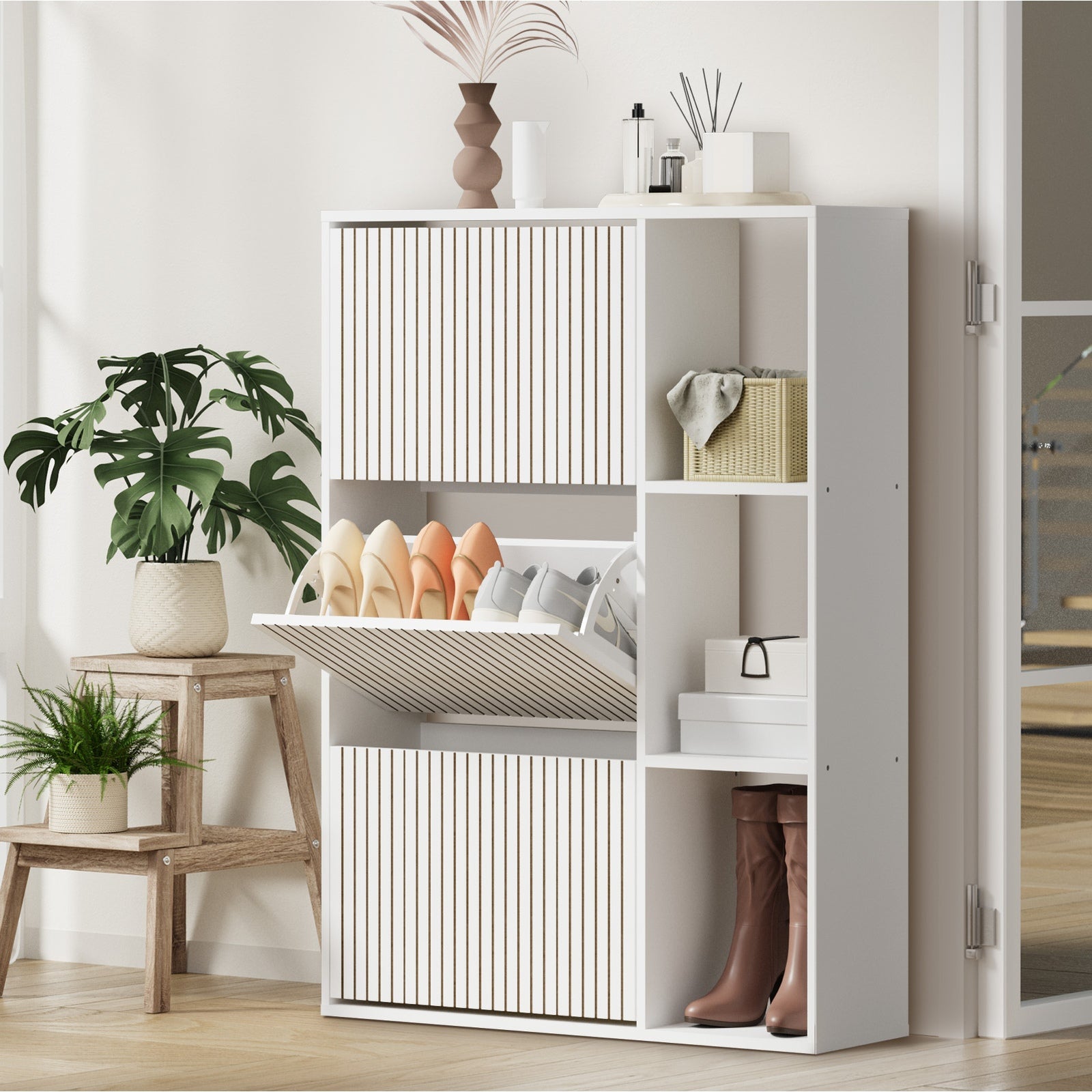 Oikiture Shoe Rack Storage Cabinet with Display Shelves Organiser White - Sunyee