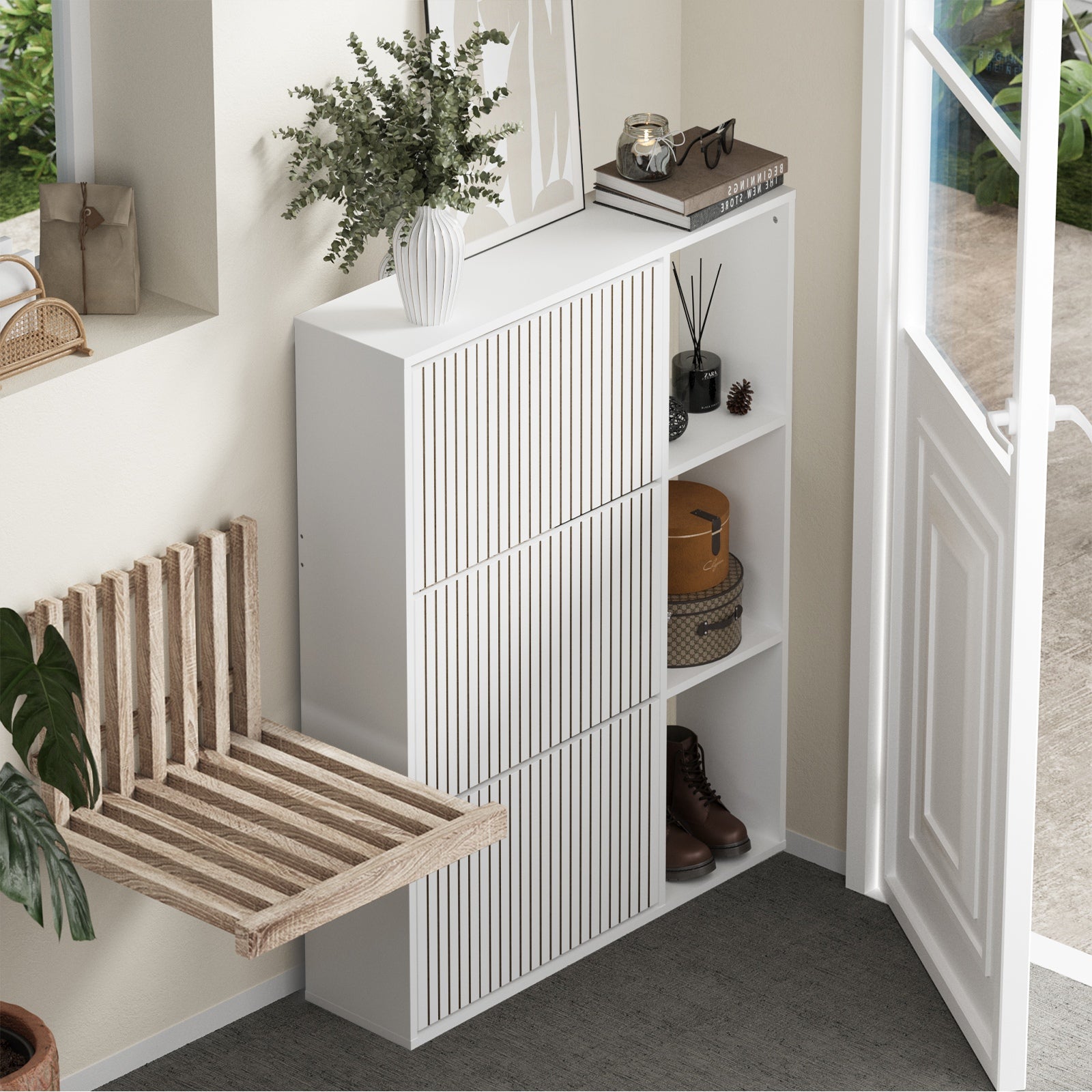 Oikiture Shoe Rack Storage Cabinet with Display Shelves Organiser White - Sunyee
