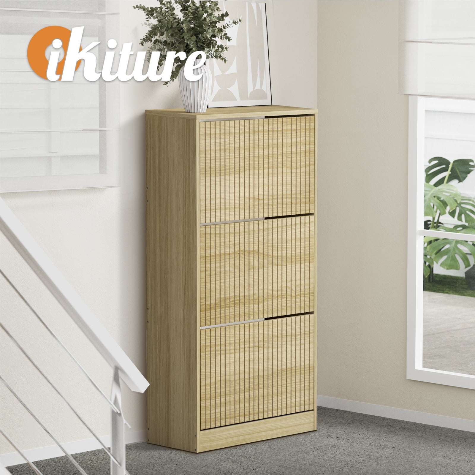 Oikiture Shoe Rack Storage Cabinet Organiser Drawers 3 Doors Natural - Sunyee