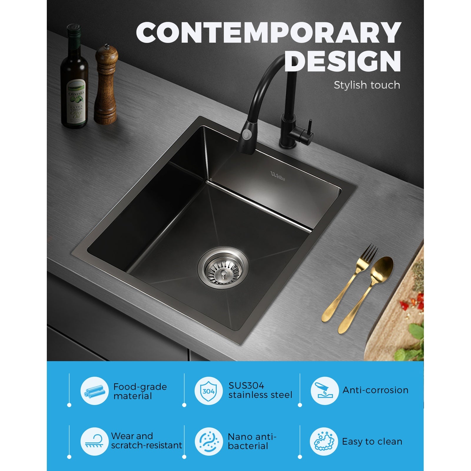 Welba Stainless Steel Kitchen Sink Bathroom Laundry Under/Top Mount Single Bowl - Sunyee