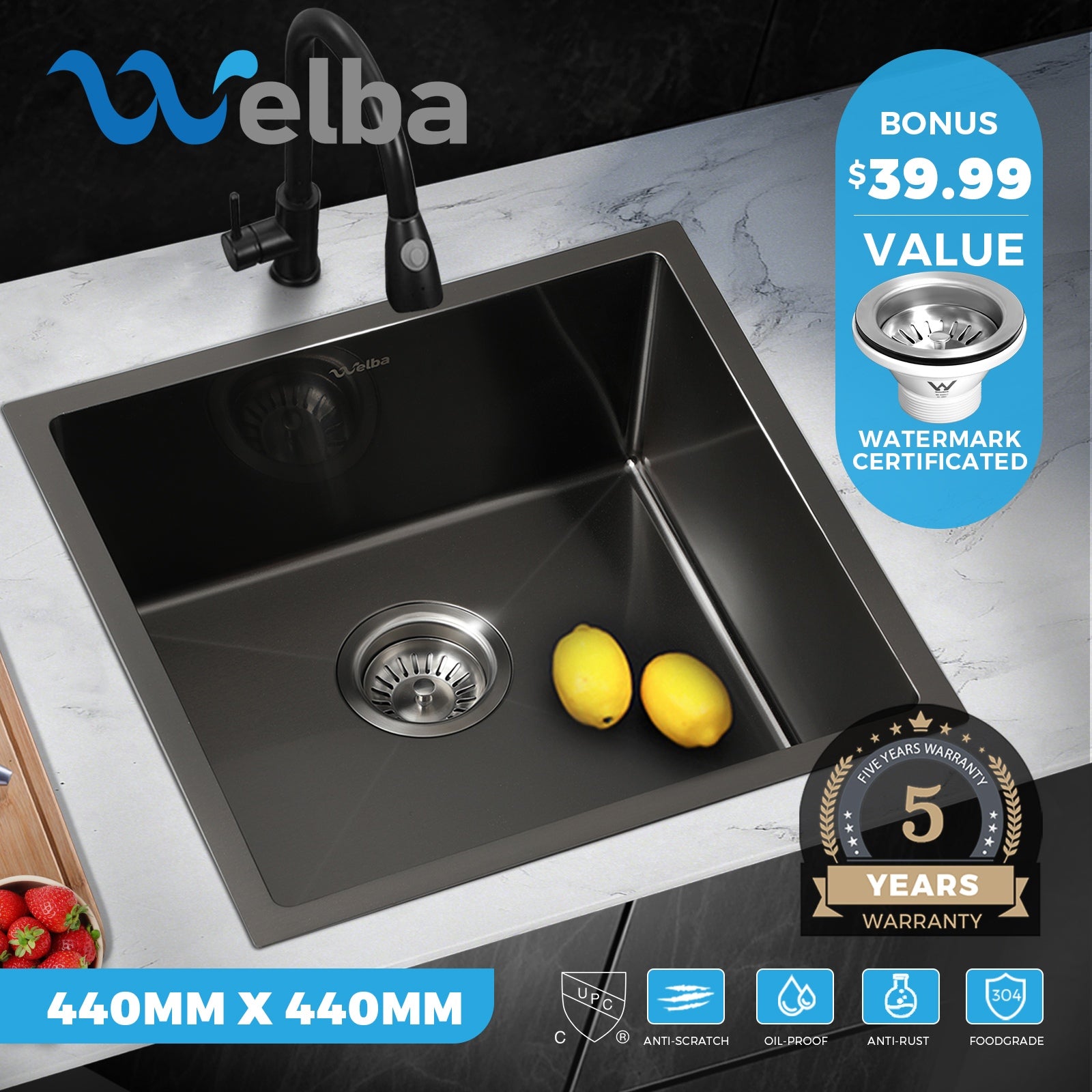 Welba Kitchen Sink Basin Stainless Steel Bathroom Laundry Single Double Bowl - Sunyee