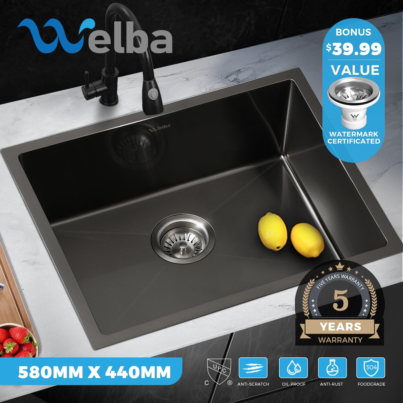Welba Kitchen Sink Basin Stainless Steel Bathroom Laundry Single Double Bowl - Sunyee