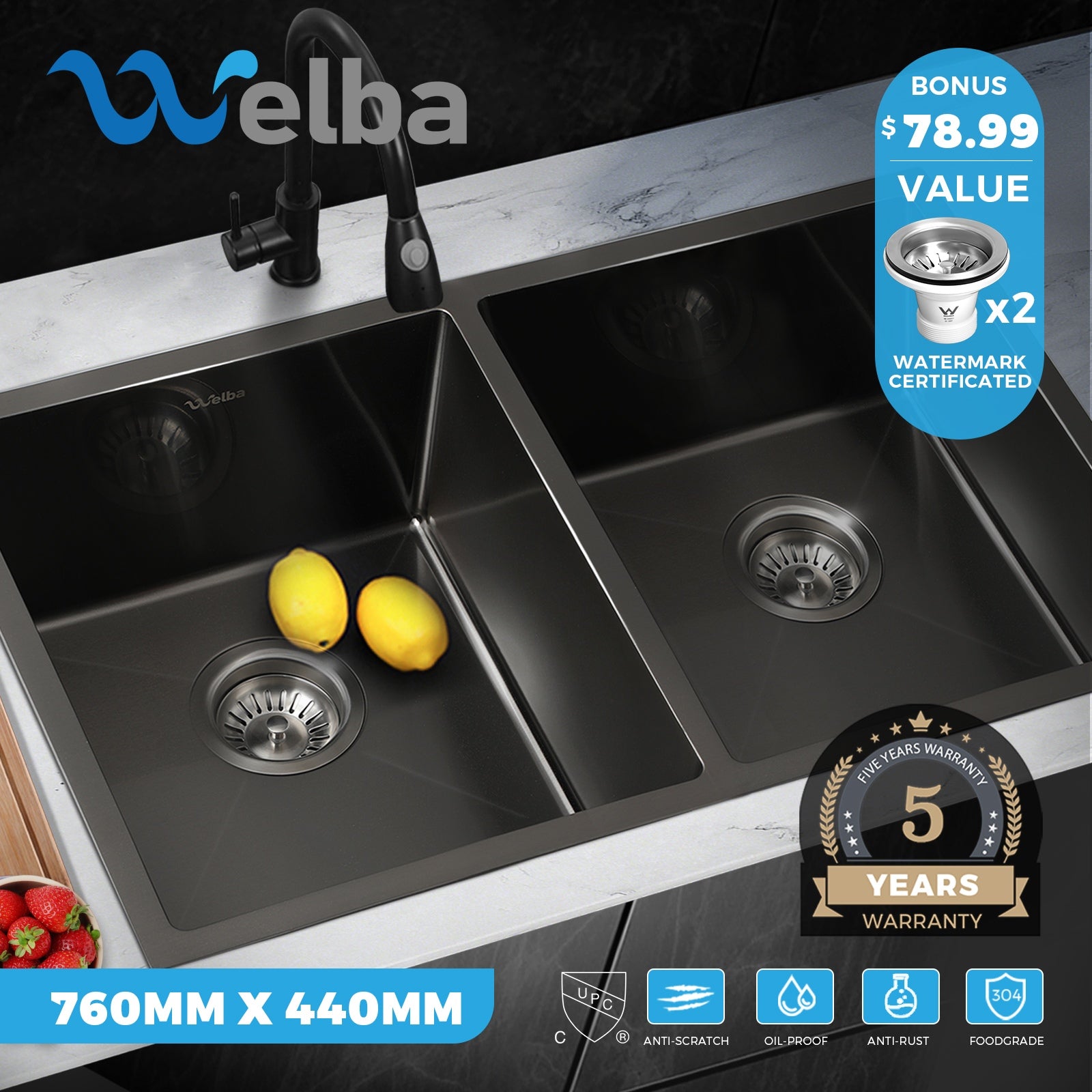Welba Kitchen Sink Basin Stainless Steel Bathroom Laundry Single Double Bowl - Sunyee