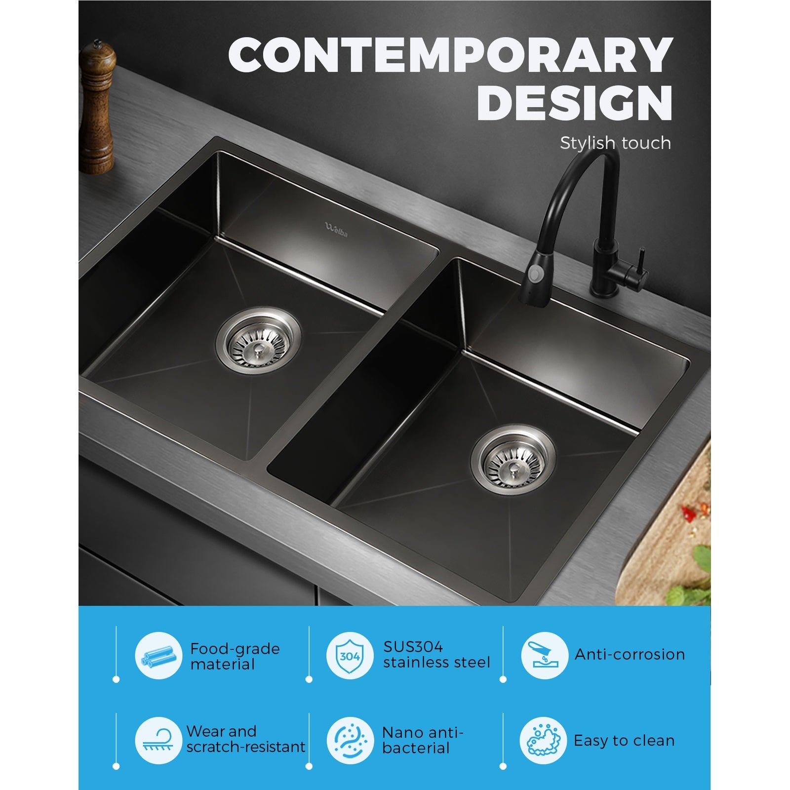 Welba Stainless Steel Kitchen Sink Laundry Bathroom Under/Top Mount Double Bowls - Sunyee