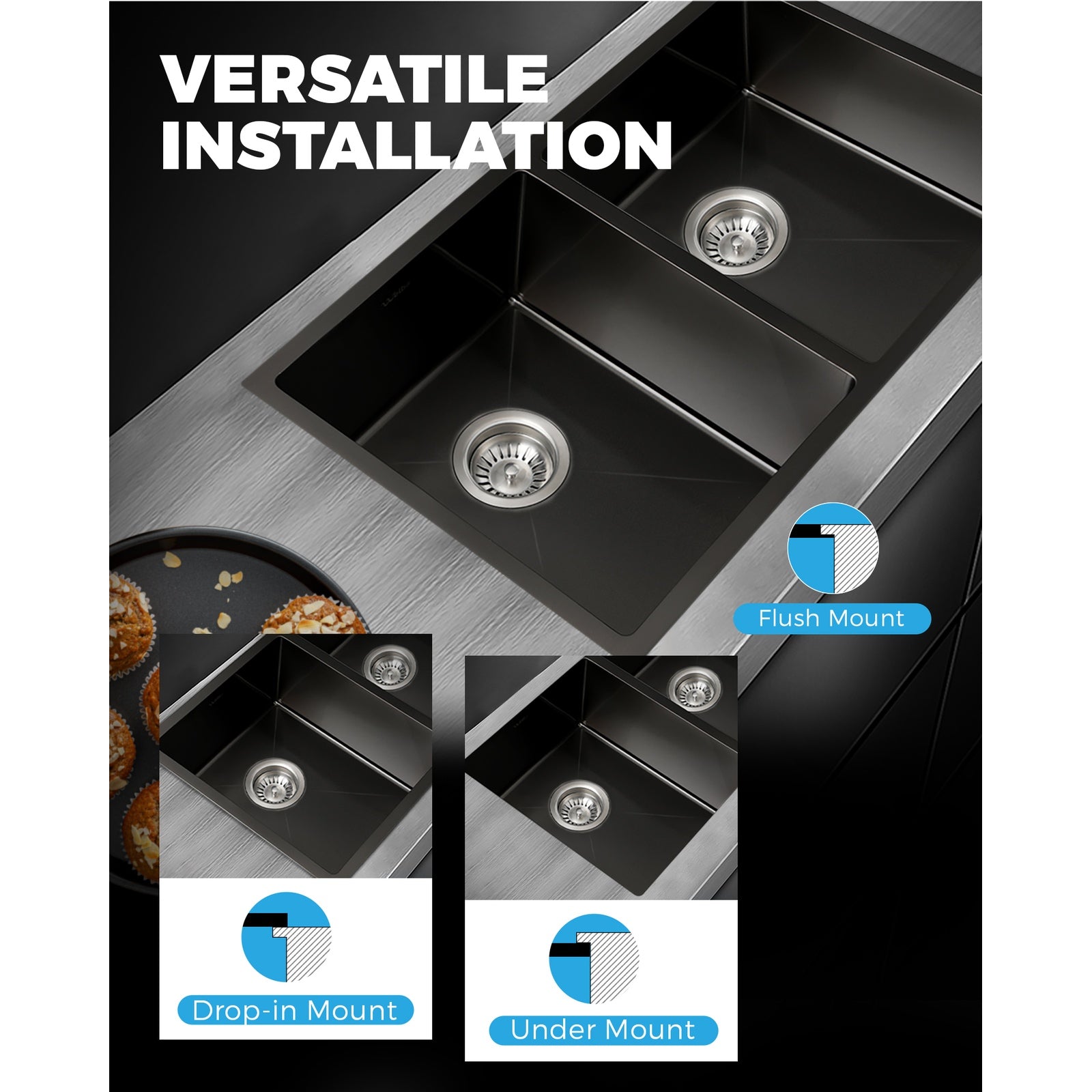 Welba Stainless Steel Kitchen Sink Laundry Bathroom Under/Top Mount Double Bowls - Sunyee