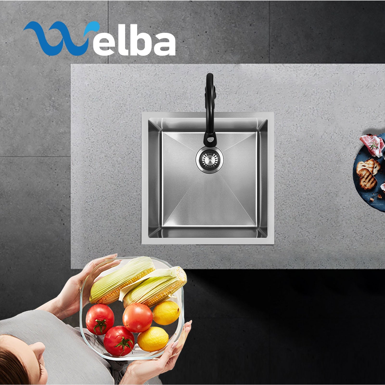 Welba Kitchen Sink Stainless Steel Bathroom Laundry Basin Single Silver 44X44CM - Sunyee
