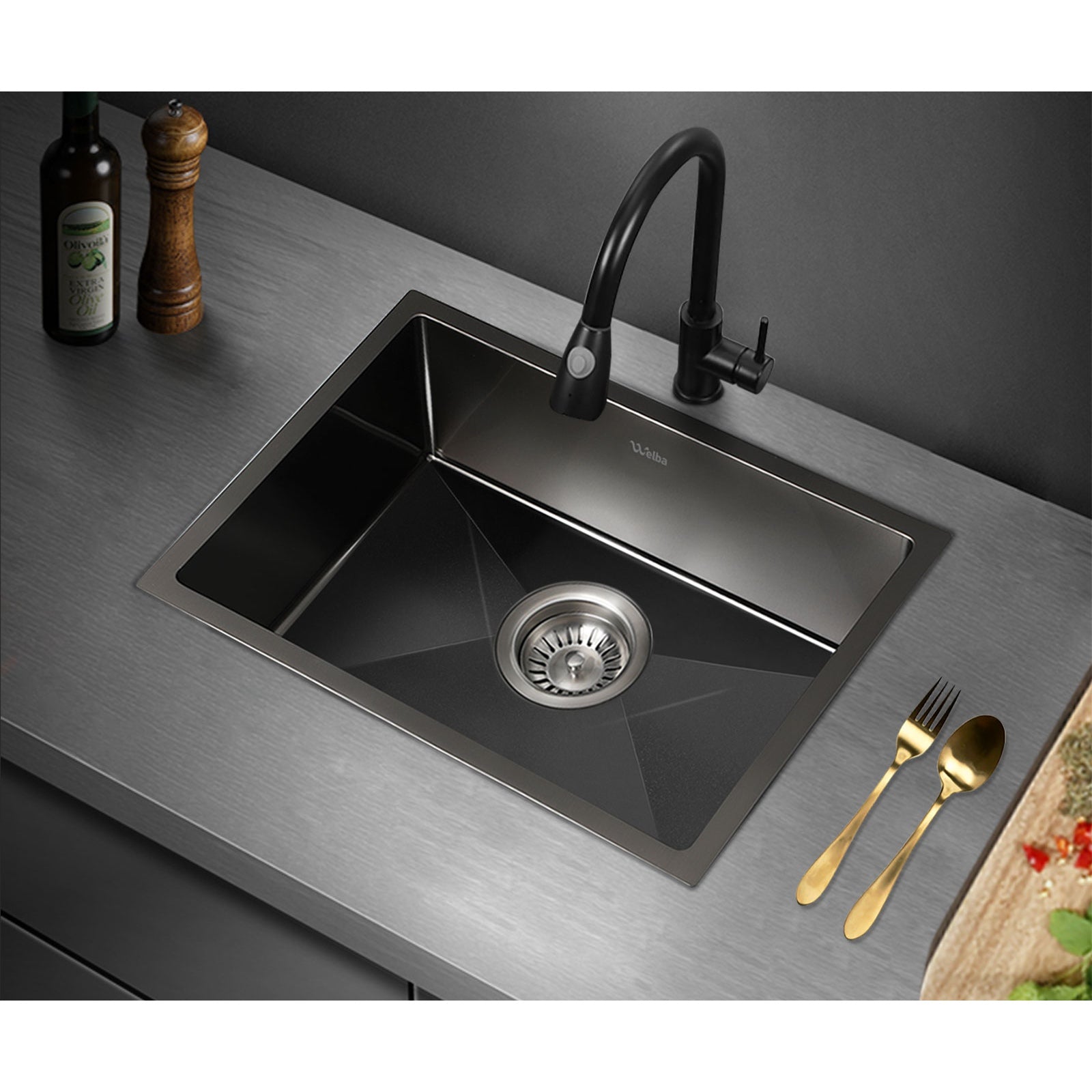 Welba Kitchen Sink Stainless Steel Bathroom Laundry Basin Single Black 45X30CM - Sunyee