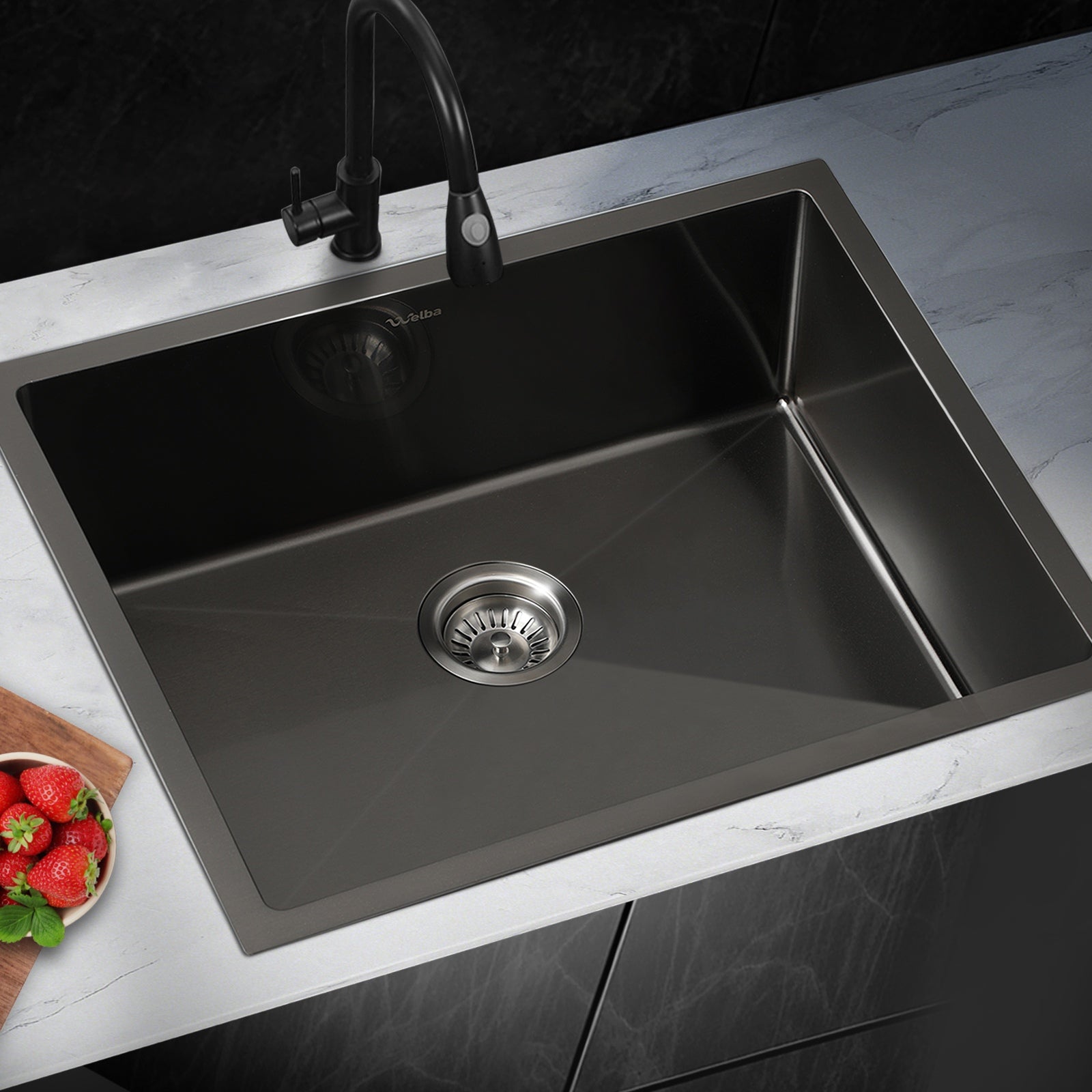 Welba Kitchen Sink Stainless Steel Bathroom Laundry Basin Single Black 60X45CM - Sunyee