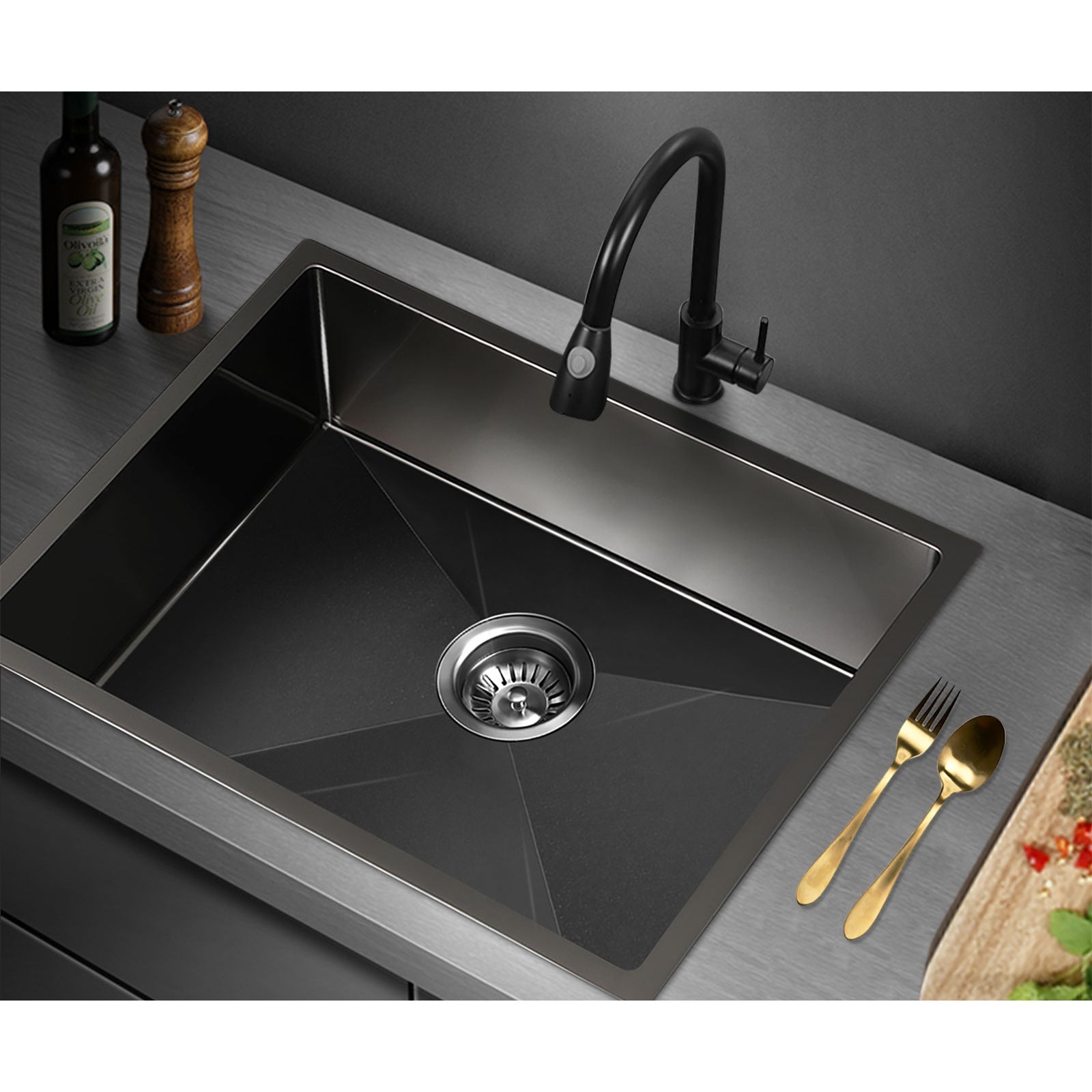 Welba Kitchen Sink Stainless Steel Bathroom Laundry Basin Single Black 60X45CM - Sunyee