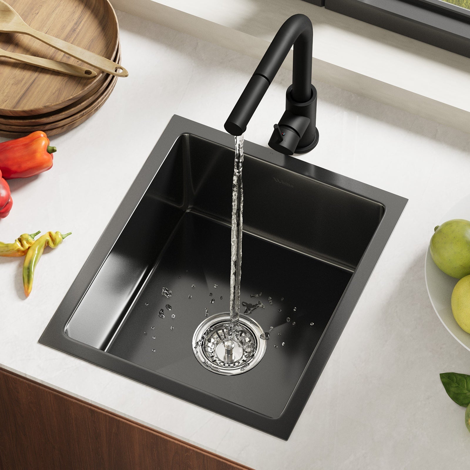 Welba Kitchen Sink 44X38CM With Pull Out Mixer Tap Stainless Steel Basin Black - Sunyee