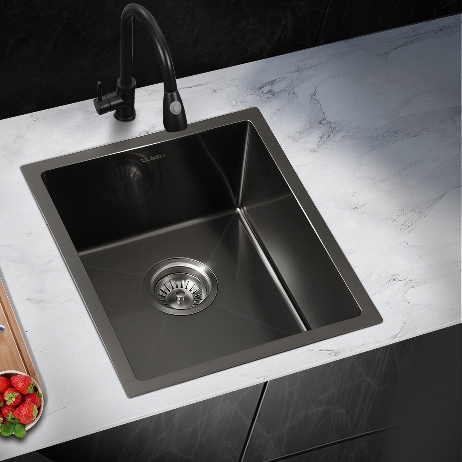 Welba Kitchen Sink 44X38CM Stainless Steel Single Bowl Basin With Waste Black - Sunyee