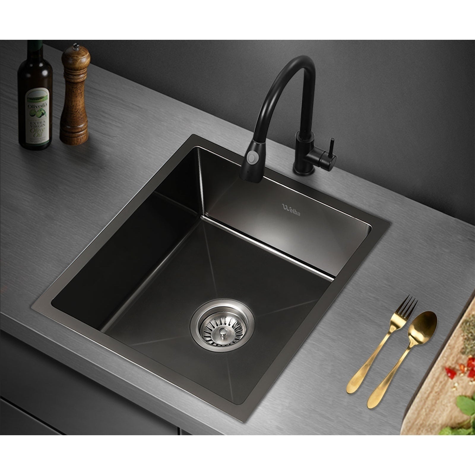Welba Kitchen Sink 44X38CM Stainless Steel Single Bowl Basin With Waste Black - Sunyee