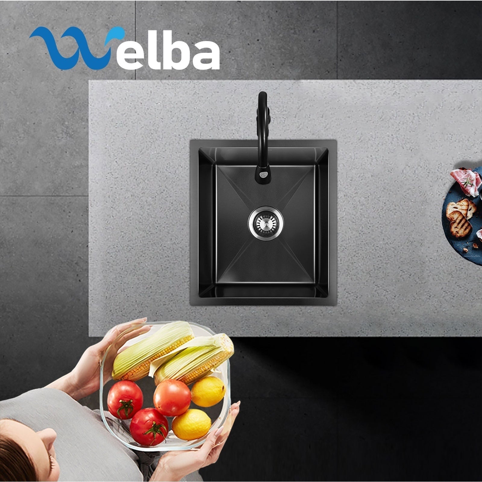 Welba Kitchen Sink 44X38CM Stainless Steel Single Bowl Basin With Waste Black - Sunyee