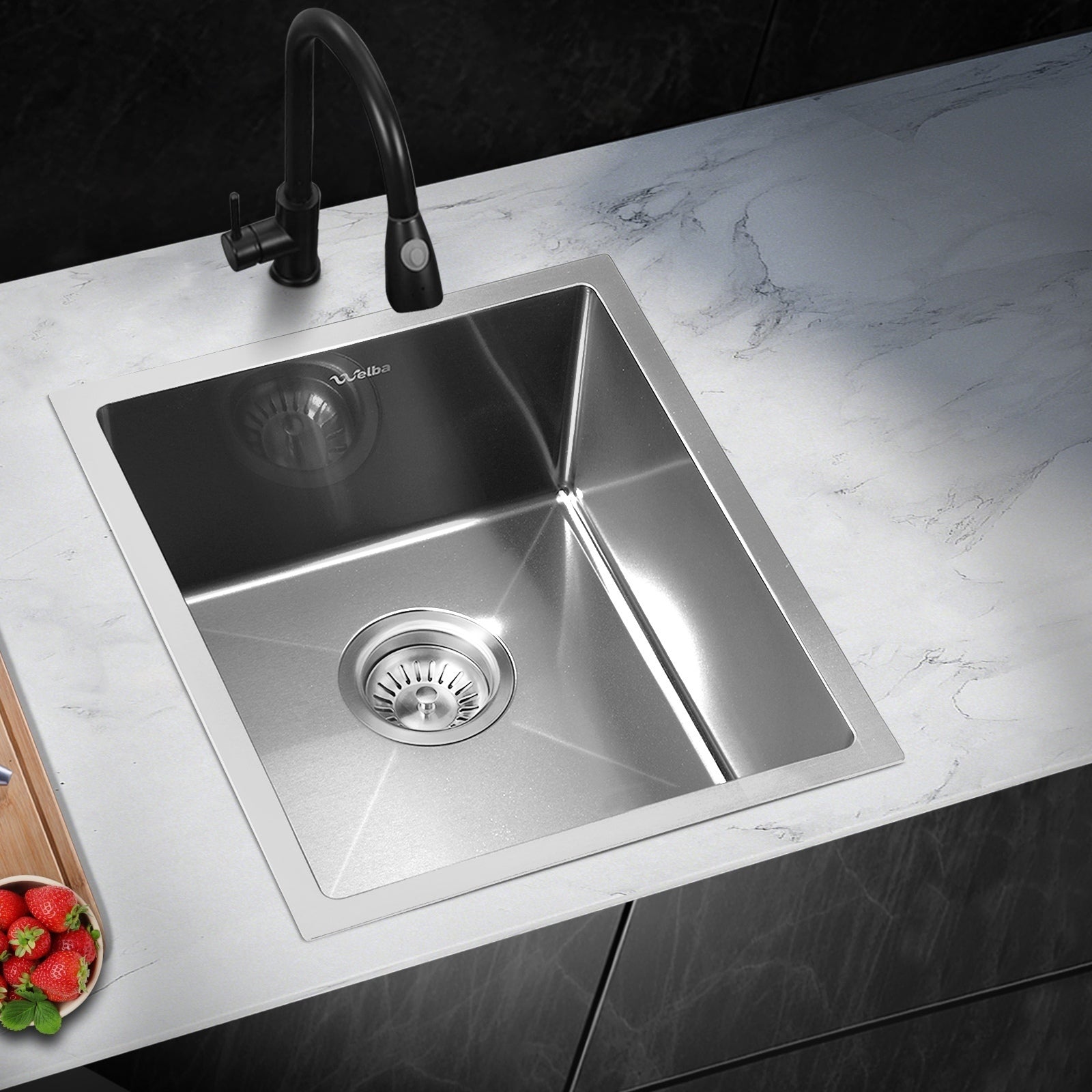 Welba Kitchen Sink 38X44CM Stainless Steel Single Bowl Basin With Waste Silver - Sunyee