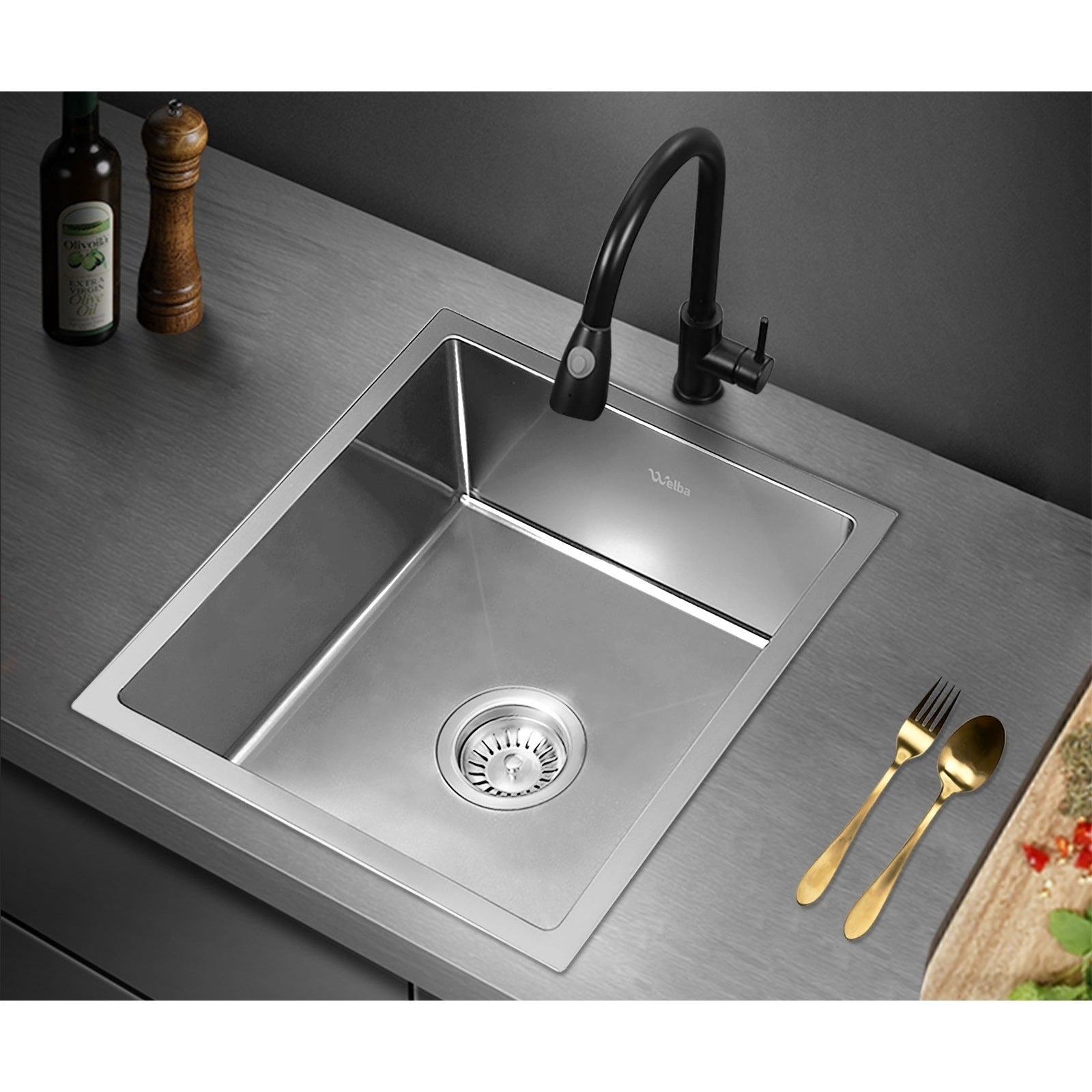 Welba Kitchen Sink 38X44CM Stainless Steel Single Bowl Basin With Waste Silver - Sunyee