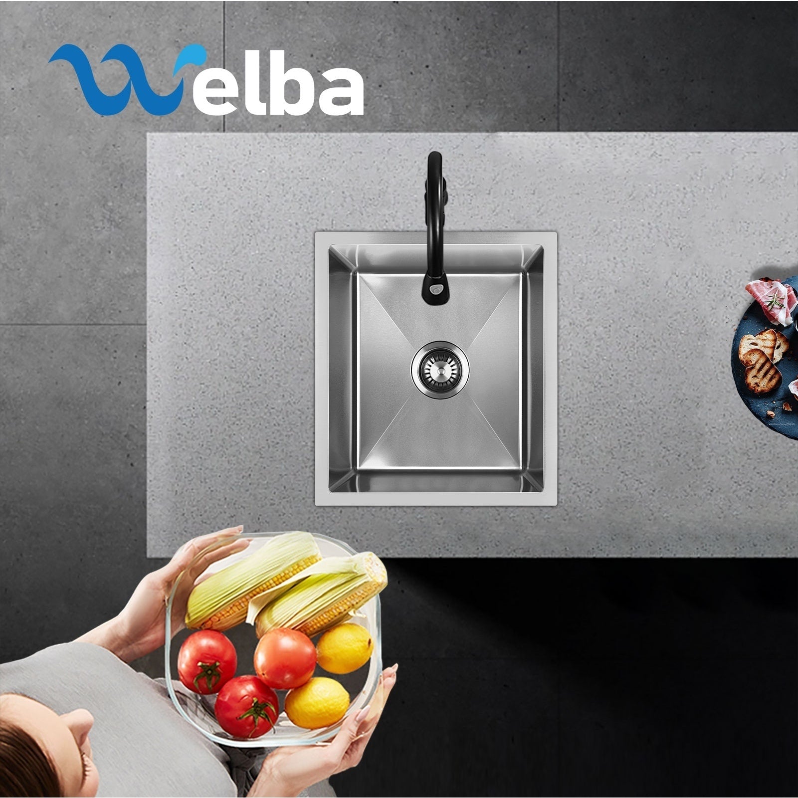 Welba Kitchen Sink 38X44CM Stainless Steel Single Bowl Basin With Waste Silver - Sunyee