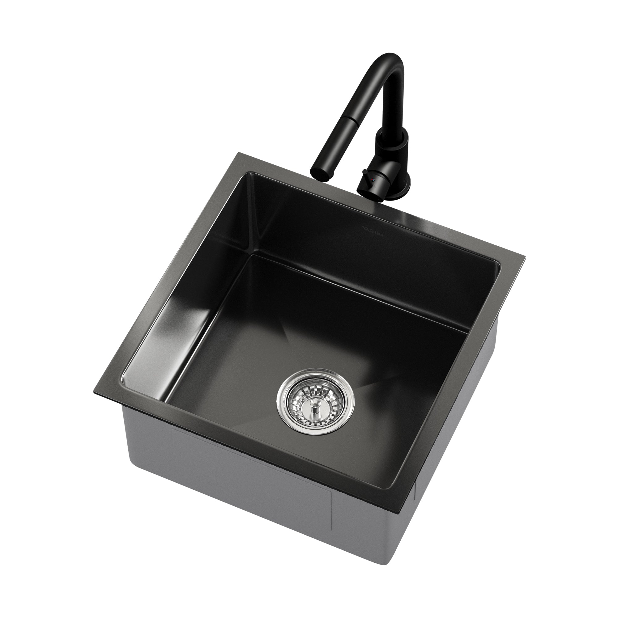 Welba Kitchen Sink 44X44CM With Pull Out Mixer Tap Stainless Steel Basin Black - Sunyee