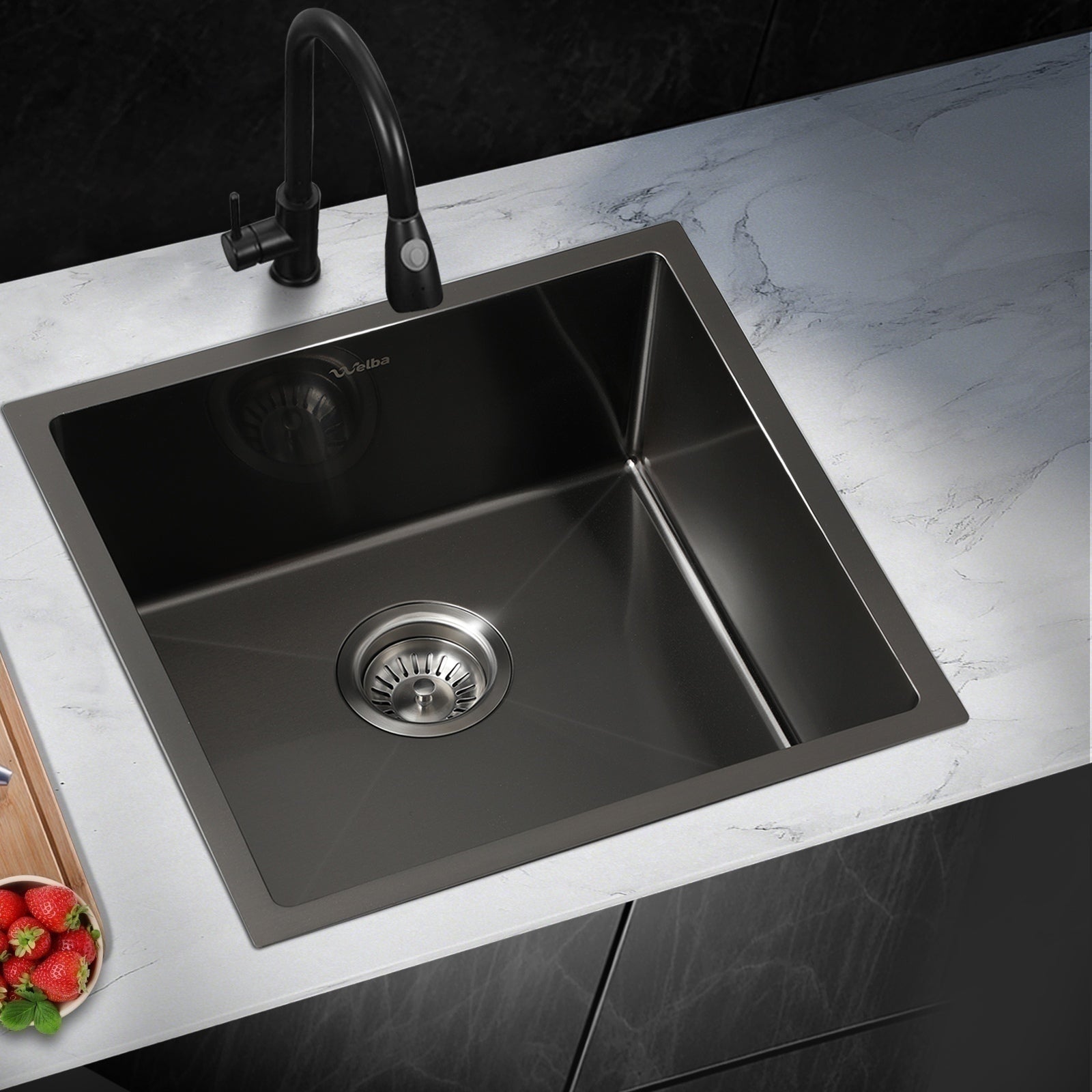 Welba Kitchen Sink 44X44CM Stainless Steel Single Bowl Basin With Waste Black - Sunyee