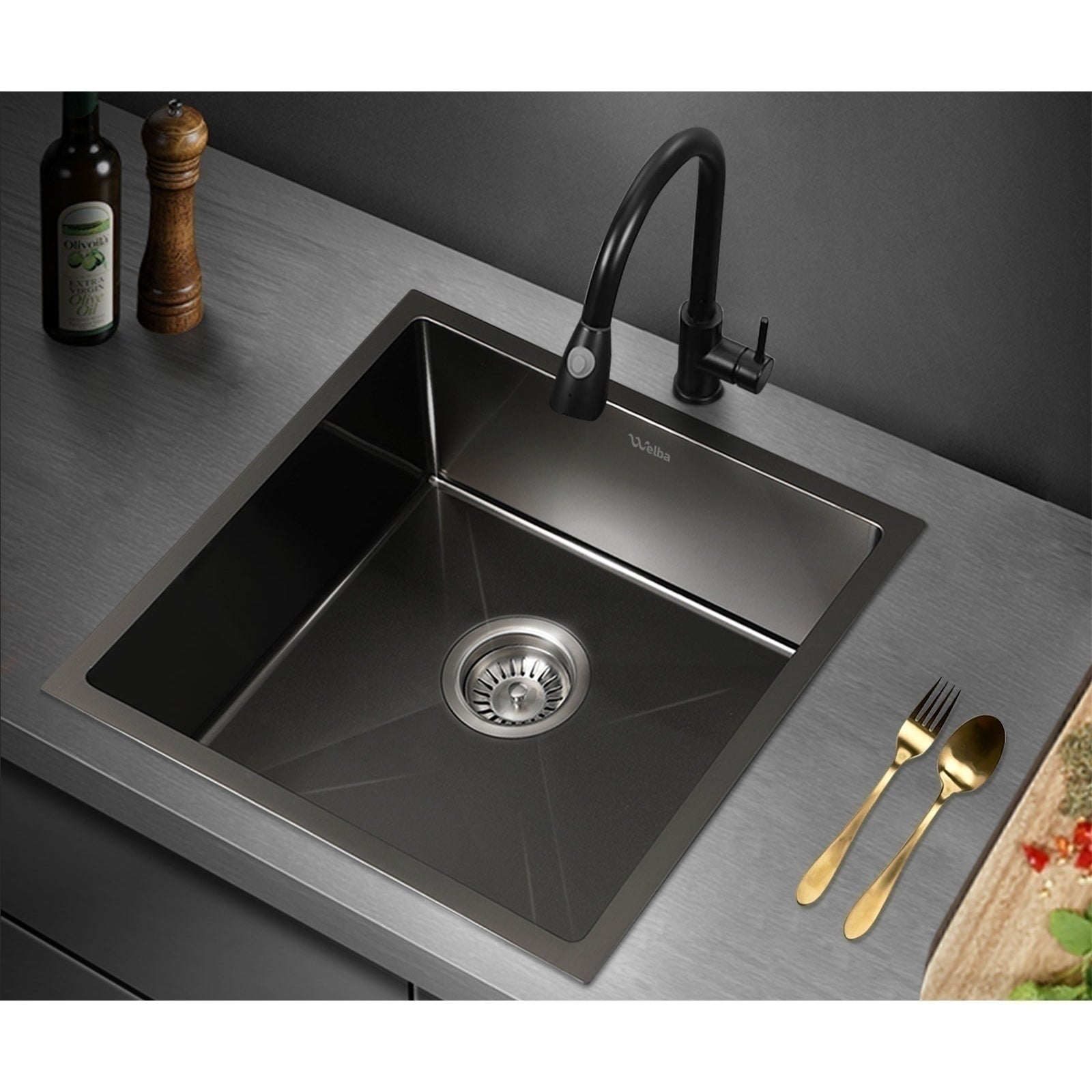 Welba Kitchen Sink 44X44CM Stainless Steel Single Bowl Basin With Waste Black - Sunyee