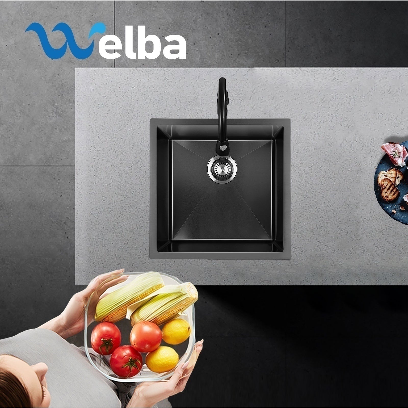 Welba Kitchen Sink 44X44CM Stainless Steel Single Bowl Basin With Waste Black - Sunyee