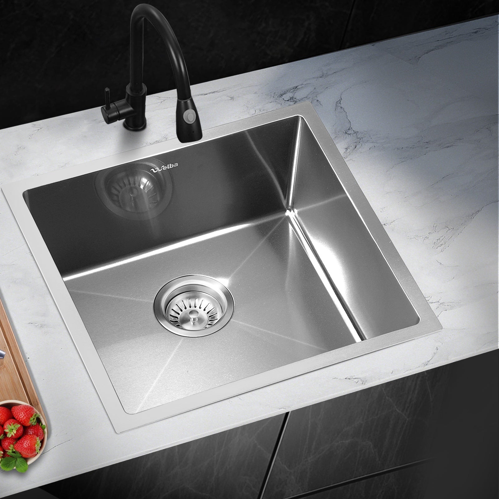 Welba Kitchen Sink 44X44CM Stainless Steel Single Bowl Basin With Waste Silver - Sunyee