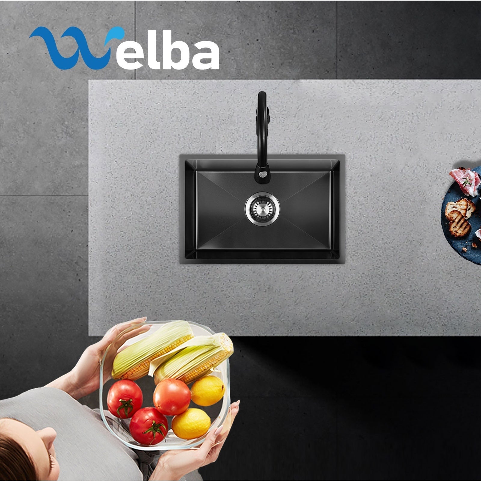 Welba Kitchen Sink Stainless Steel Basin Single Under/Top/Flush Mount 45X30CM - Sunyee