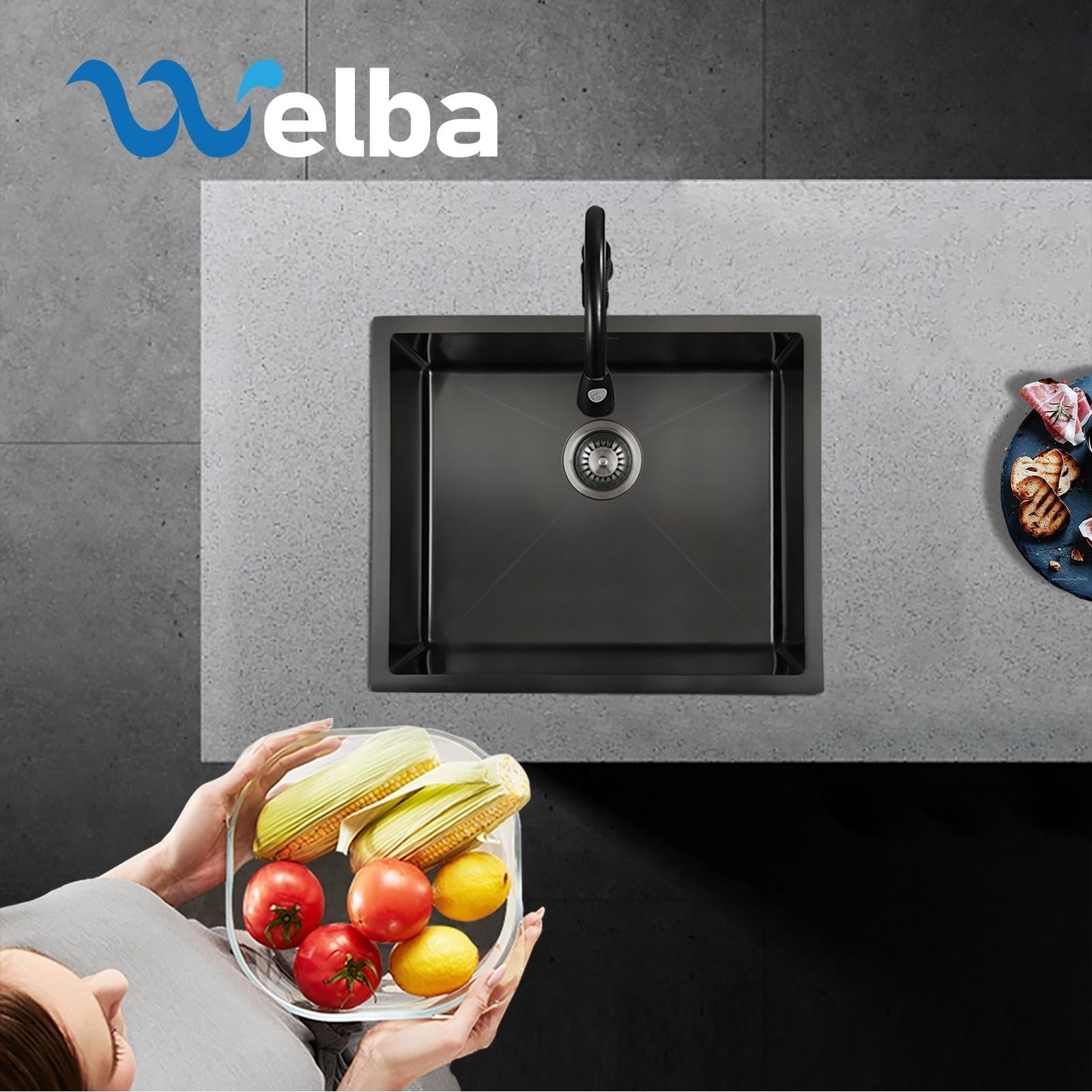 Welba Kitchen Sink 58X44CM Stainless Steel Single Bowl Basin With Waste Black - Sunyee