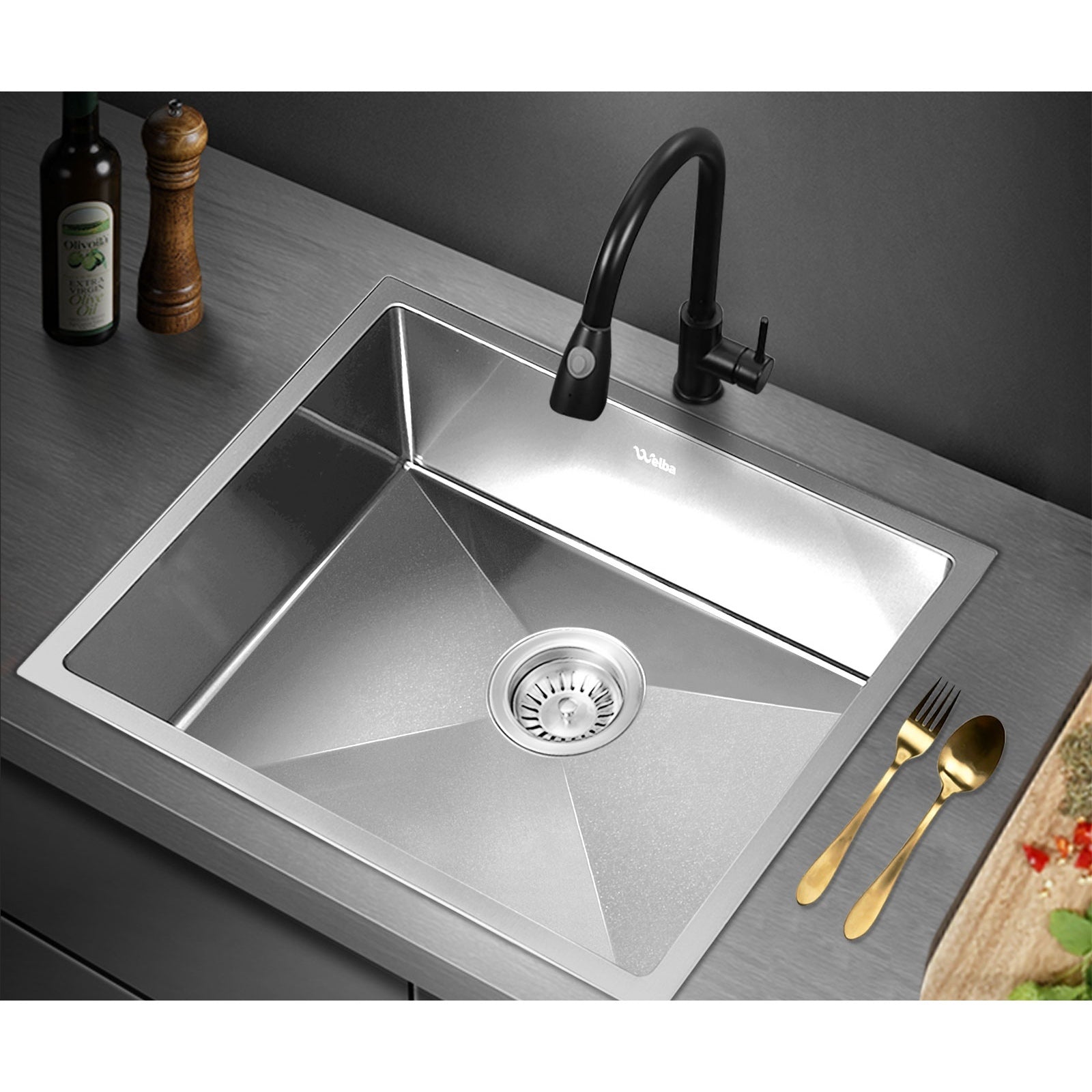 Welba Kitchen Sink 58X44CM Stainless Steel Single Bowl Basin With Waste Silver - Sunyee