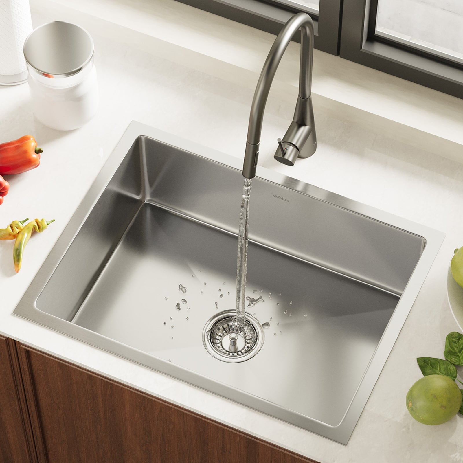Welba Kitchen Sink 60X45CM With Pull Out Mixer Tap Stainless Steel Single Bowl - Sunyee