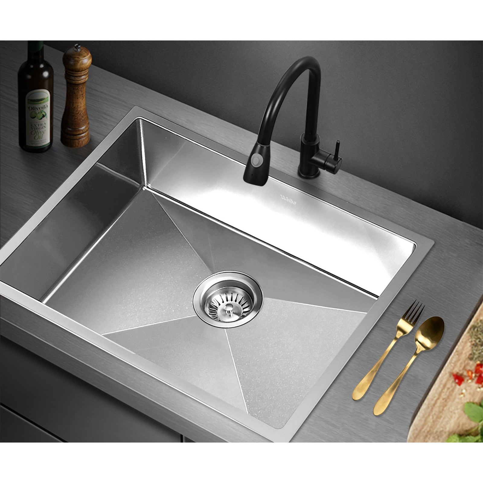 Welba Kitchen Sink 60X45CM Stainless Steel Single Bowl Basin With Waste Silver - Sunyee