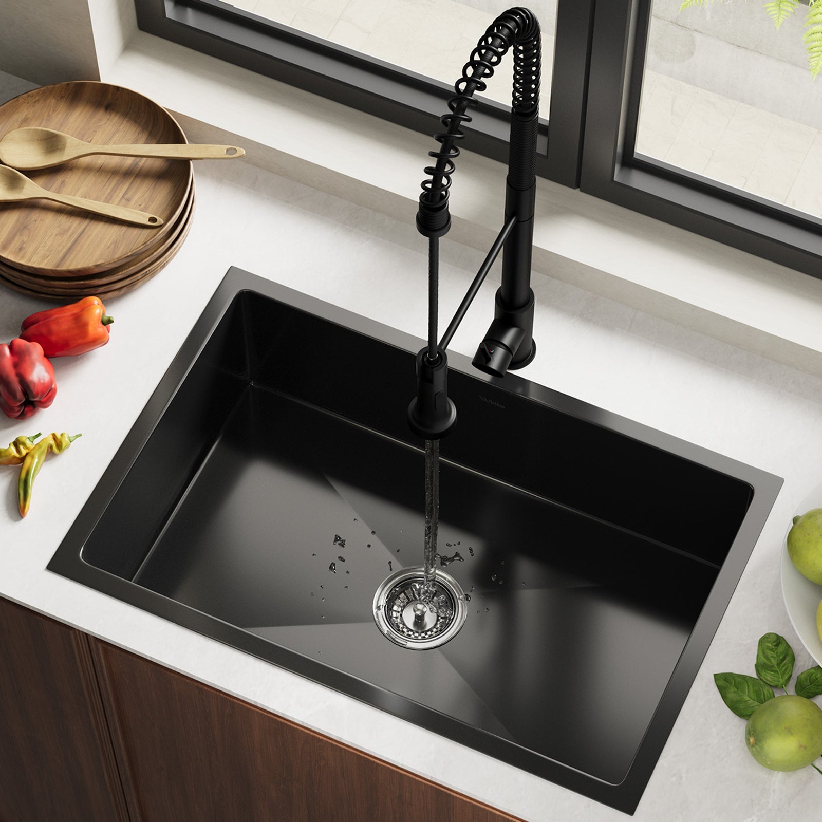 Welba Kitchen Sink 70X45CM With Pull Out Mixer Tap Stainless Steel Basin Black - Sunyee