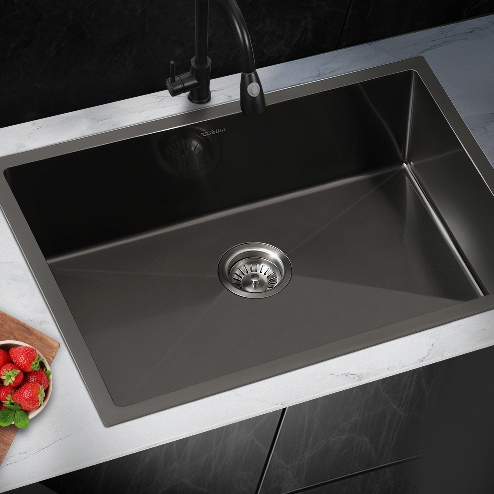 Welba Kitchen Sink 70X45CM Stainless Steel Single Bowl Basin With Waste Black - Sunyee