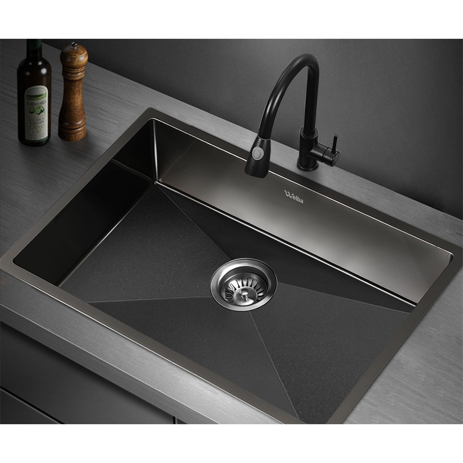Welba Kitchen Sink 70X45CM Stainless Steel Single Bowl Basin With Waste Black - Sunyee