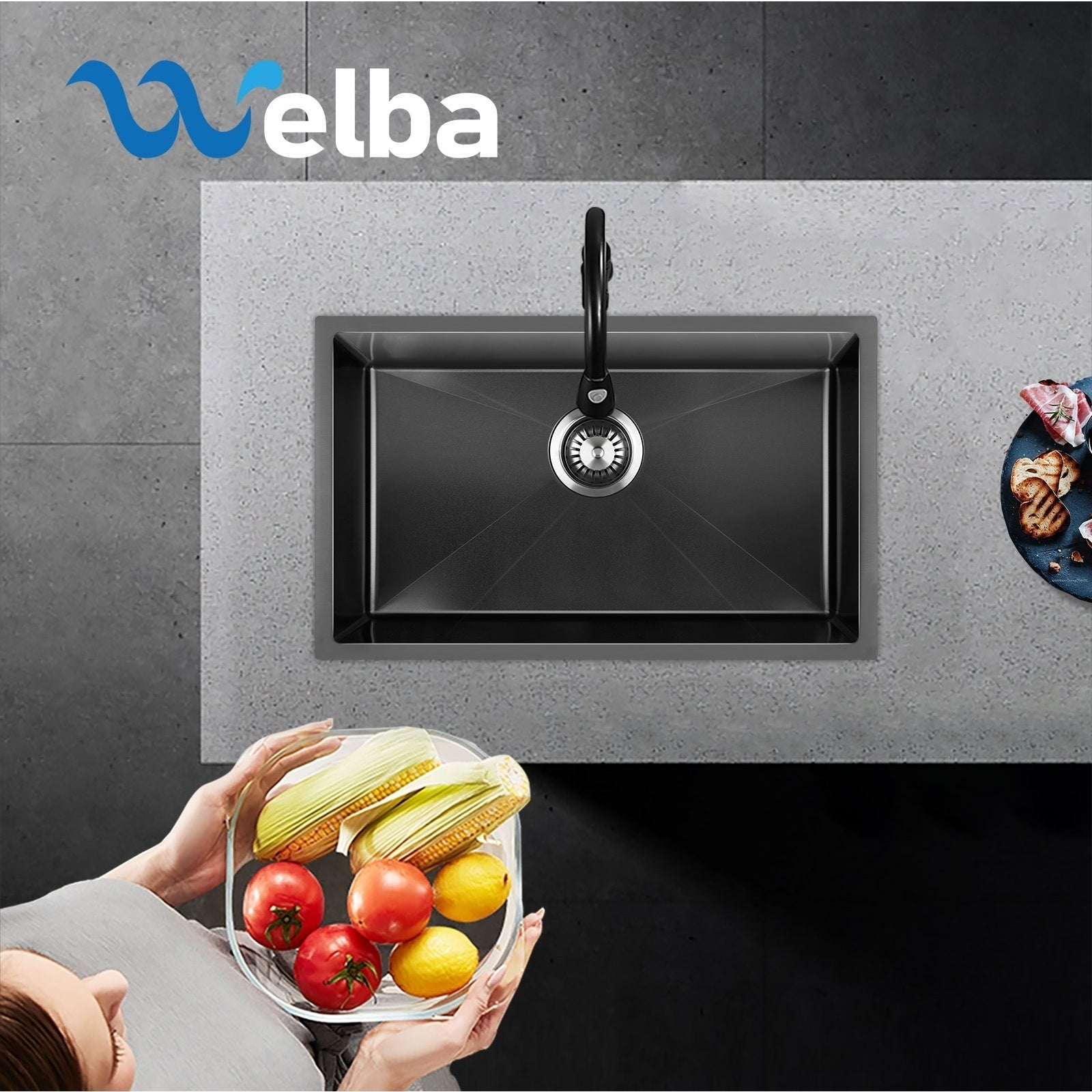 Welba Kitchen Sink 70X45CM Stainless Steel Single Bowl Basin With Waste Black - Sunyee