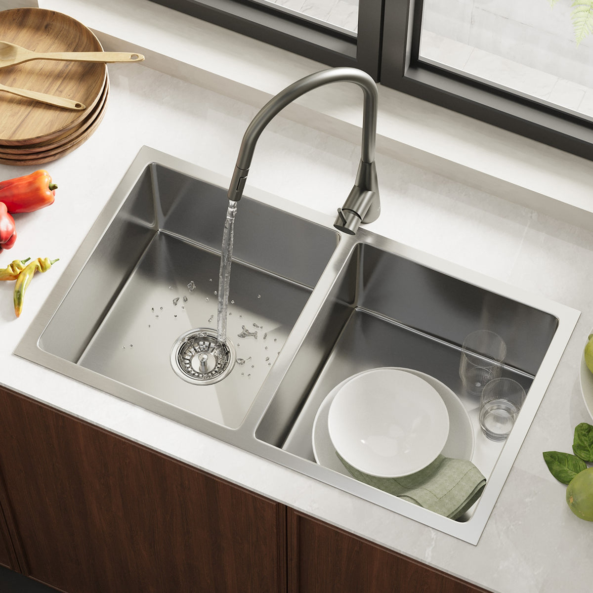 Welba Kitchen Sink 76X44CM With Pull Out Mixer Tap Stainless Steel Double Bowl - Sunyee