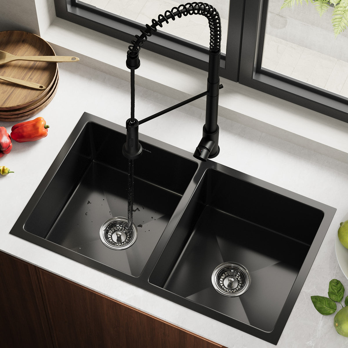 Welba Kitchen Sink 76X44CM With Pull Out Mixer Tap Stainless Steel Basin Black - Sunyee