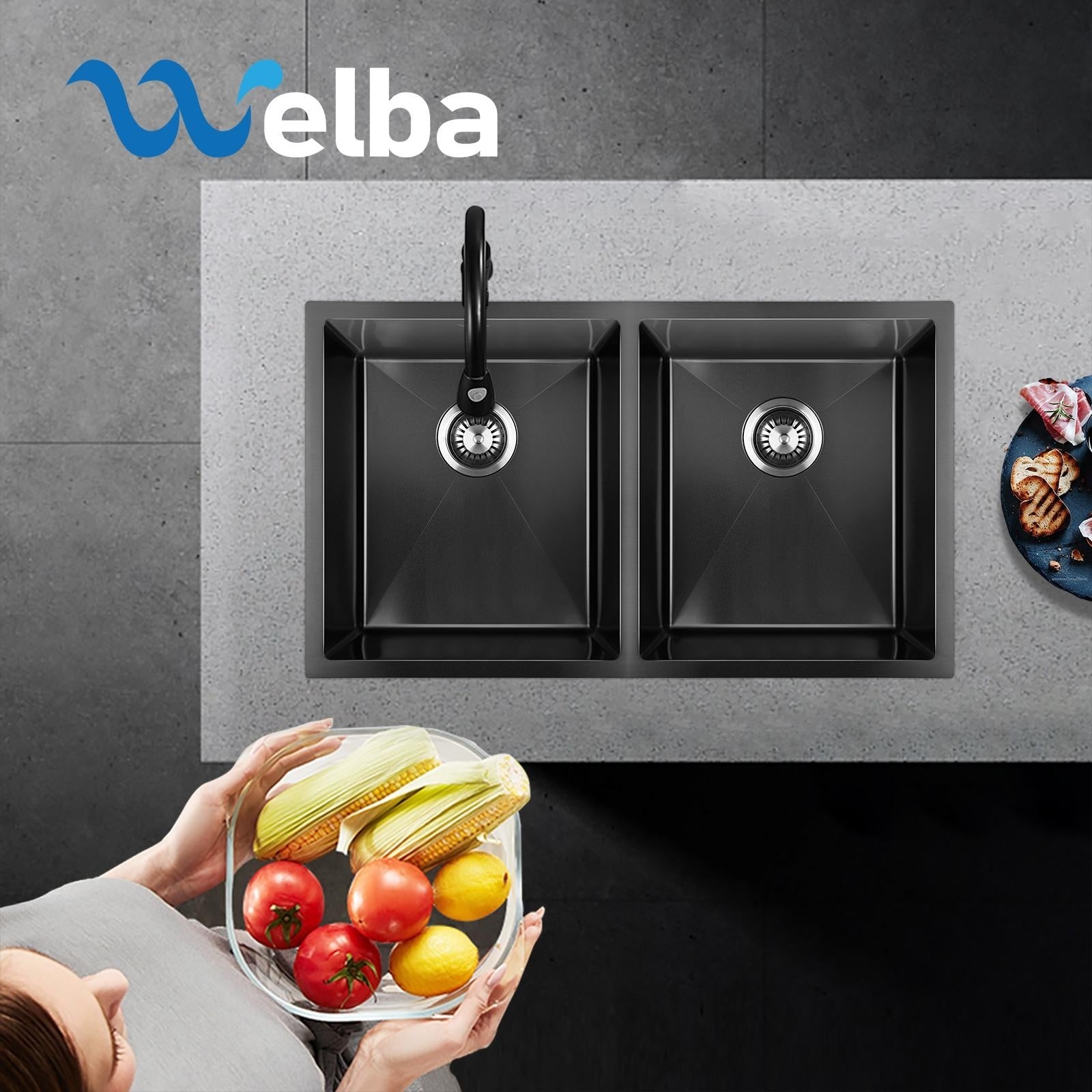 Welba Kitchen Sink Stainless Steel Basin Double Under/Top/Flush Mount Black - Sunyee