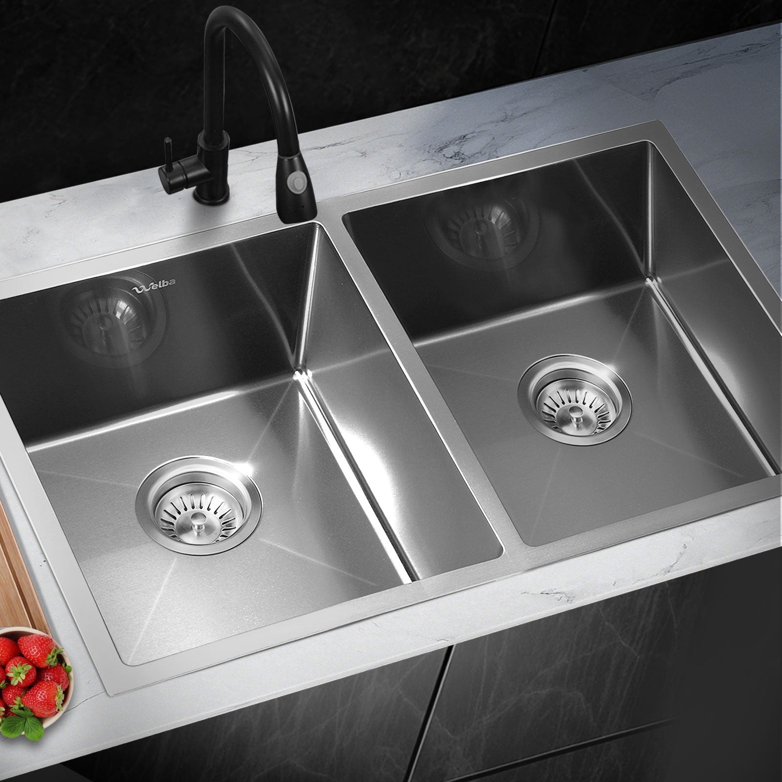 Welba Kitchen Sink Stainless Steel Basin Double Under/Top/Flush Mount 76X44CM - Sunyee