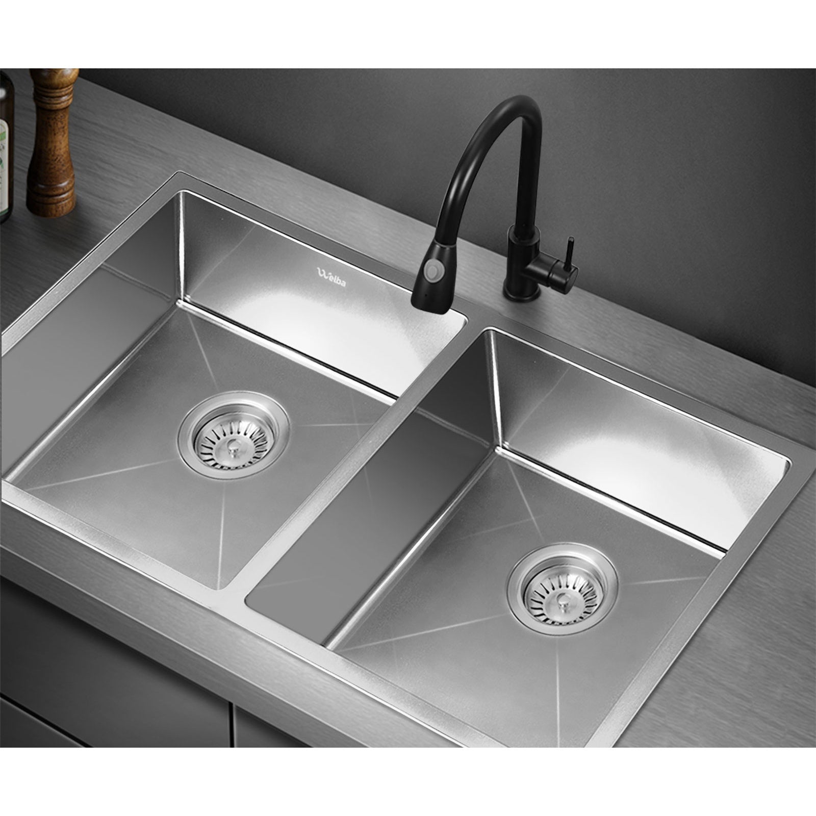 Welba Kitchen Sink Stainless Steel Basin Double Under/Top/Flush Mount 76X44CM - Sunyee