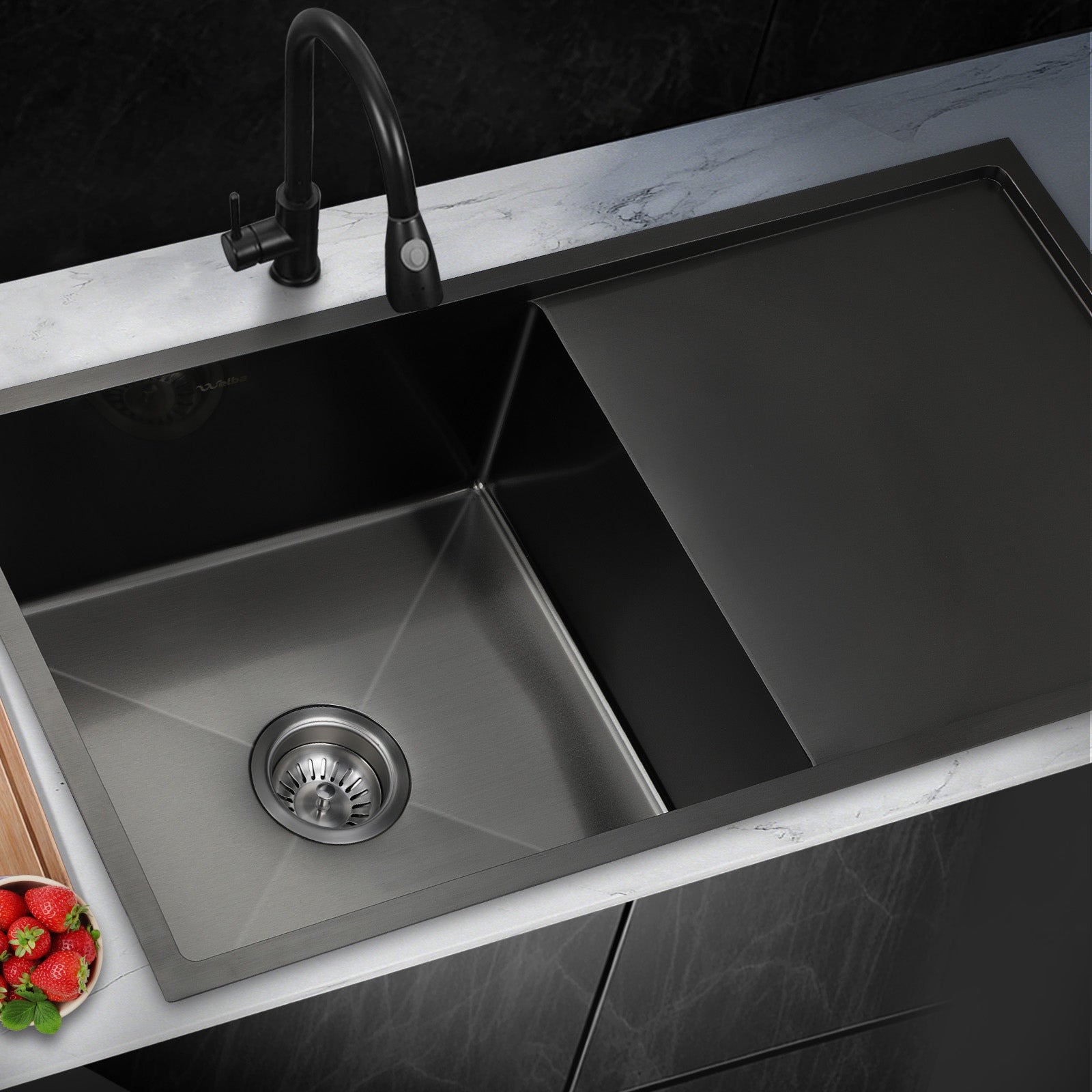 Welba Kitchen Sink 87X45CM Stainless Steel Single Bowl Basin With Waste Black - Sunyee