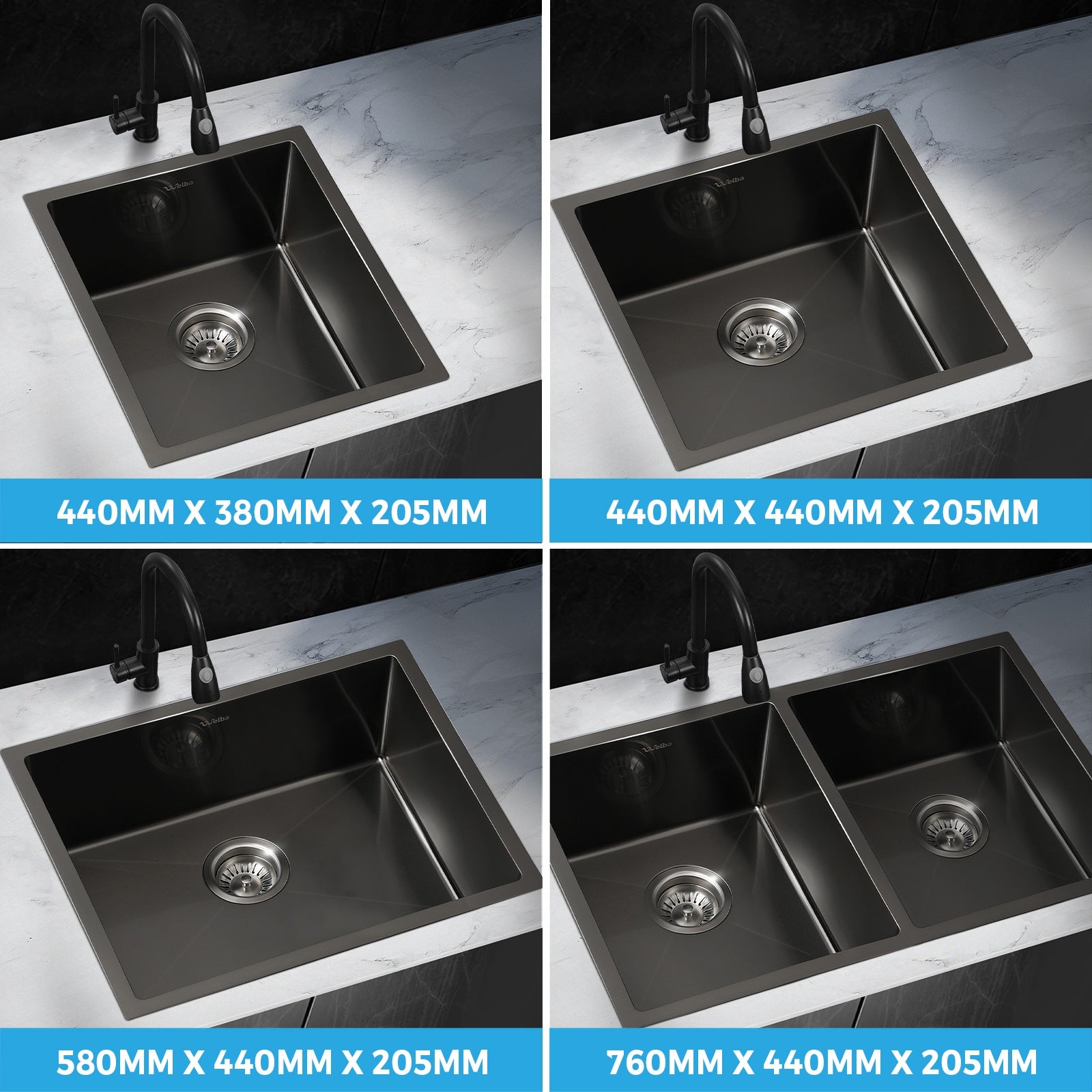 Welba Kitchen Sink Basin Stainless Steel Bathroom Laundry Single Double Bowl - Sunyee
