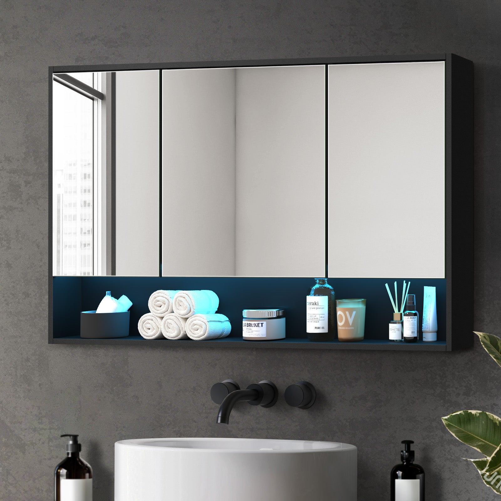 Welba Bathroom Mirror Cabinet LED Medicine Shaving Wall Storage 1200x750mm Black - Sunyee