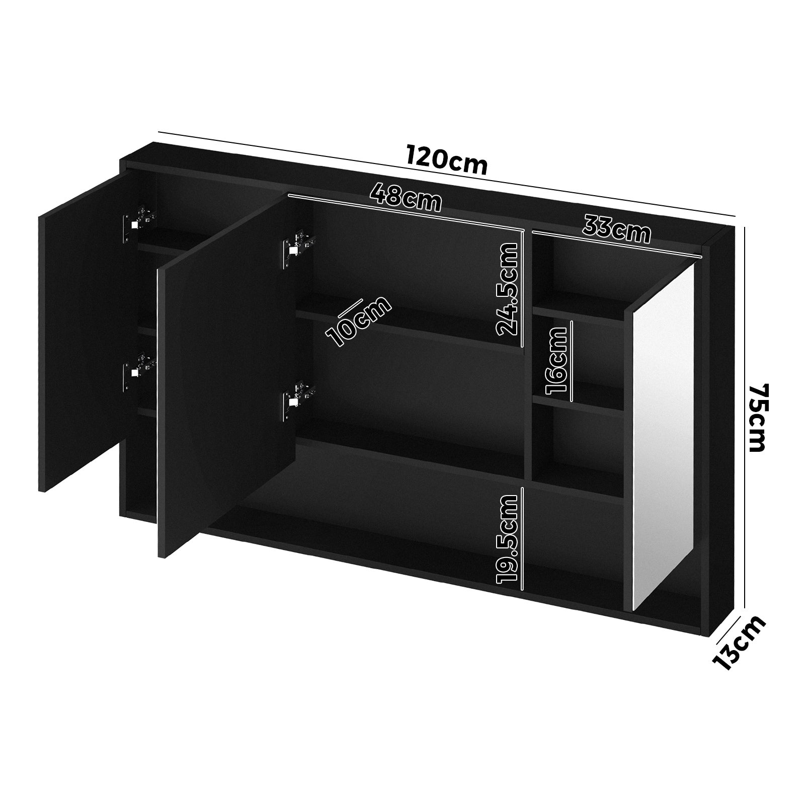 Welba Bathroom Mirror Cabinet LED Medicine Shaving Wall Storage 1200x750mm Black - Sunyee