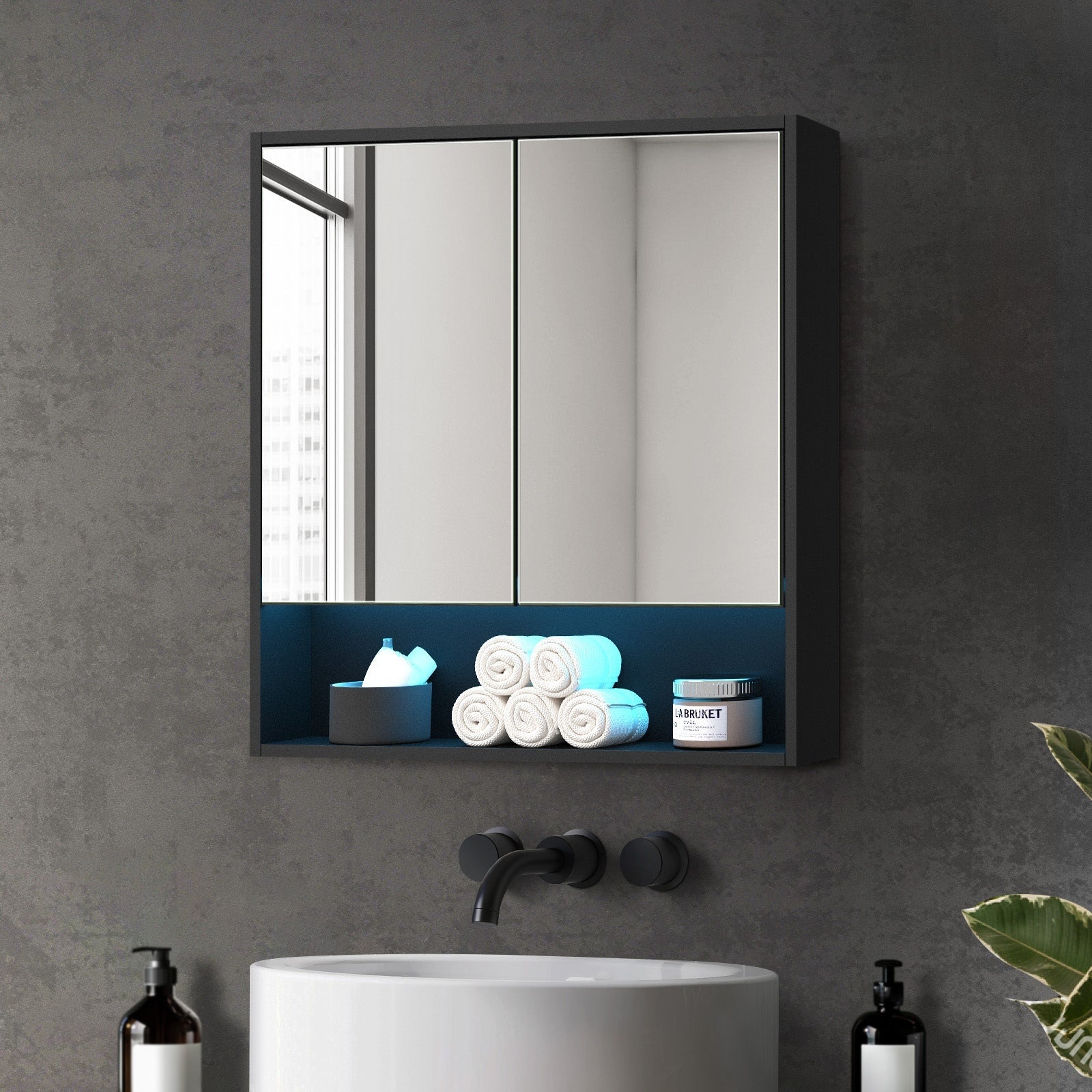 Welba Bathroom Mirror Cabinet LED Medicine Shaving Wall Storage 750x750mm Black - Sunyee