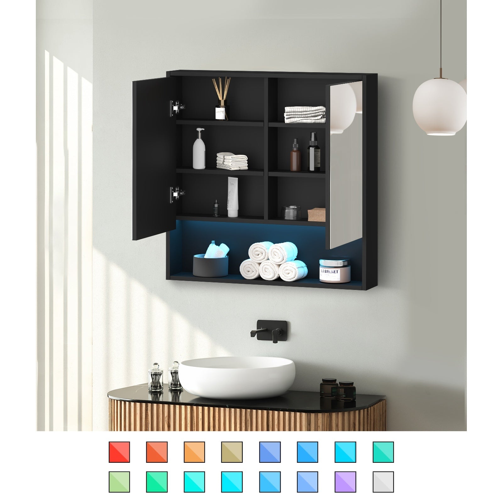 Welba Bathroom Mirror Cabinet LED Medicine Shaving Wall Storage 750x750mm Black - Sunyee